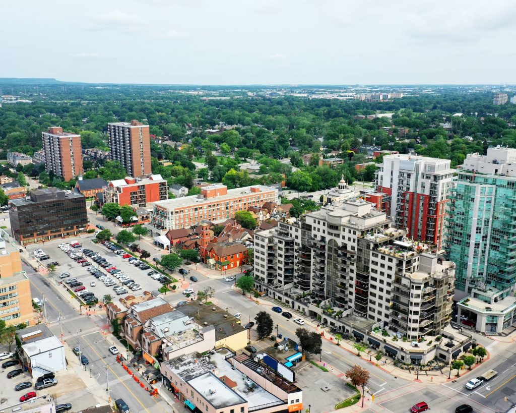 Aerial view of downtown Burlington, Ontario with buildings and streets