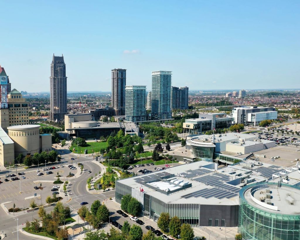 Aerial view of Mississauga cityscape with Square One shopping centre