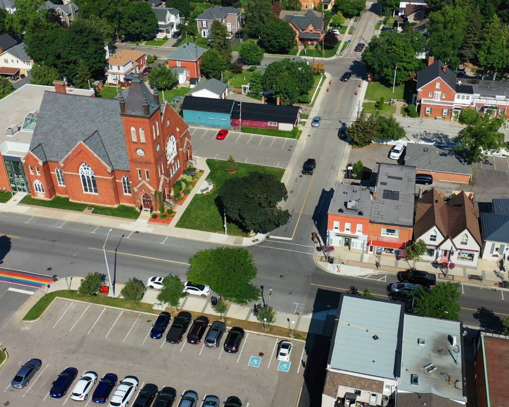 Aerial view of St. Paul's United Community of Faith with church building, surrounding grounds, and nearby streets.