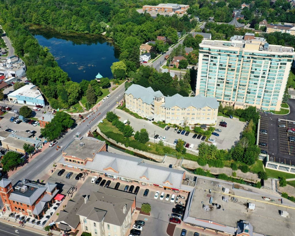 Aerial view of downtown Milton overlooking Mill Pond