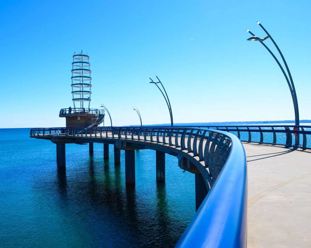 View of Burlington's Brant Street Pier extending over the waterfront.