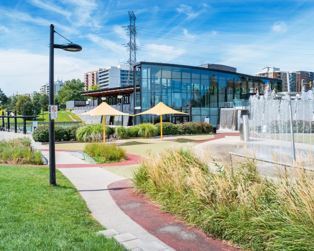 View of Spencer Smith Park in Burlington with lush greenery and walking paths