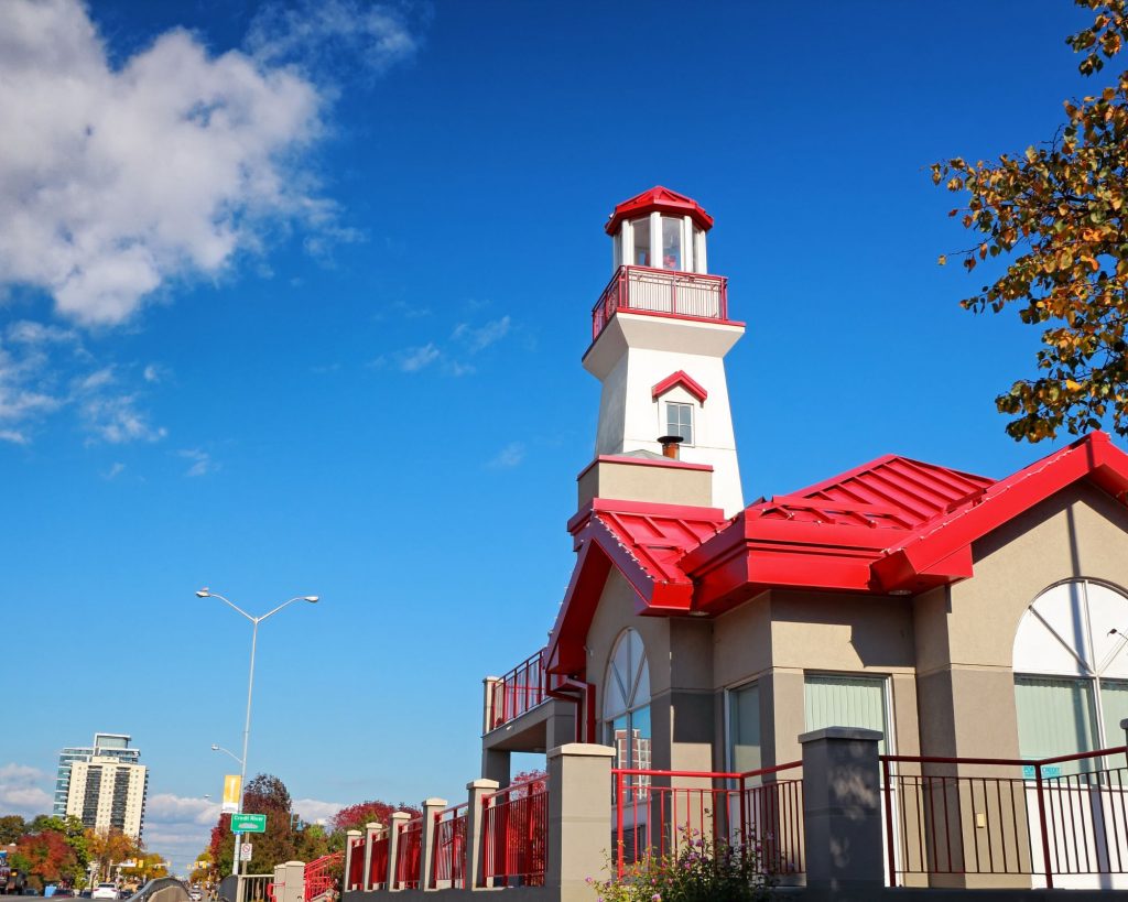 Autumn view of Port Credit Lighthouse in Mississauga